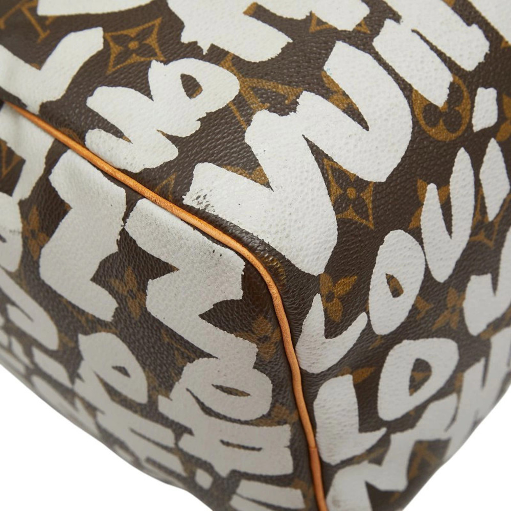 Louis Vuitton Monogram Graffiti Speedy Handbag Boston Bag Brown White Leather - Picture 7 of 10